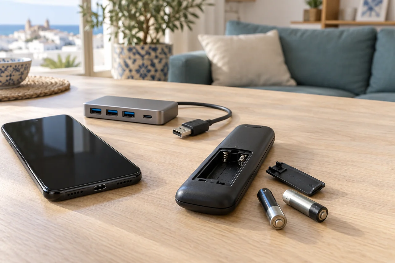 تليفون طافي وبورت الشحن ظاهر، بورتات USB مفصولة وتليكوموند من غير بيلات، صورة توضيحية