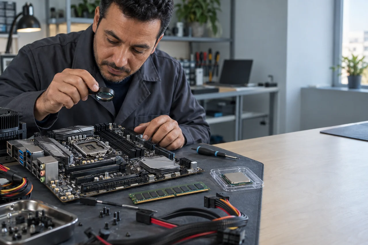 تقني على طاولة الخدمة مع carte mère متاع PC، باريت RAM وبروسيسور في الحامل متاعو، صورة توضيحية