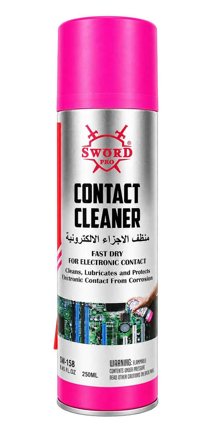بخّاخ سورد برو كونتاكت كلينر SW-158 حجم 250 مل، فضّي بغطاء وردي وتيو أحمر للتنظيف الدقيق